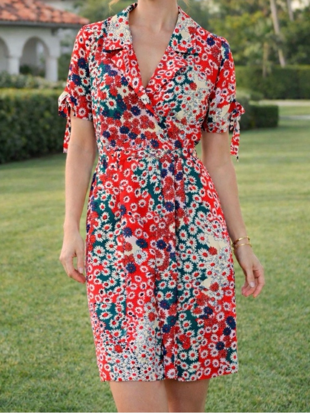 Sugarlips Red Floral Wrap Dress with Green Accents